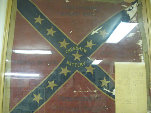 This flag was flown during the battle of Fredericksburg, as well as some other big name battles. The lighting isnt great, but you should be able to make out Fredericksburg embroidered on the bottom.