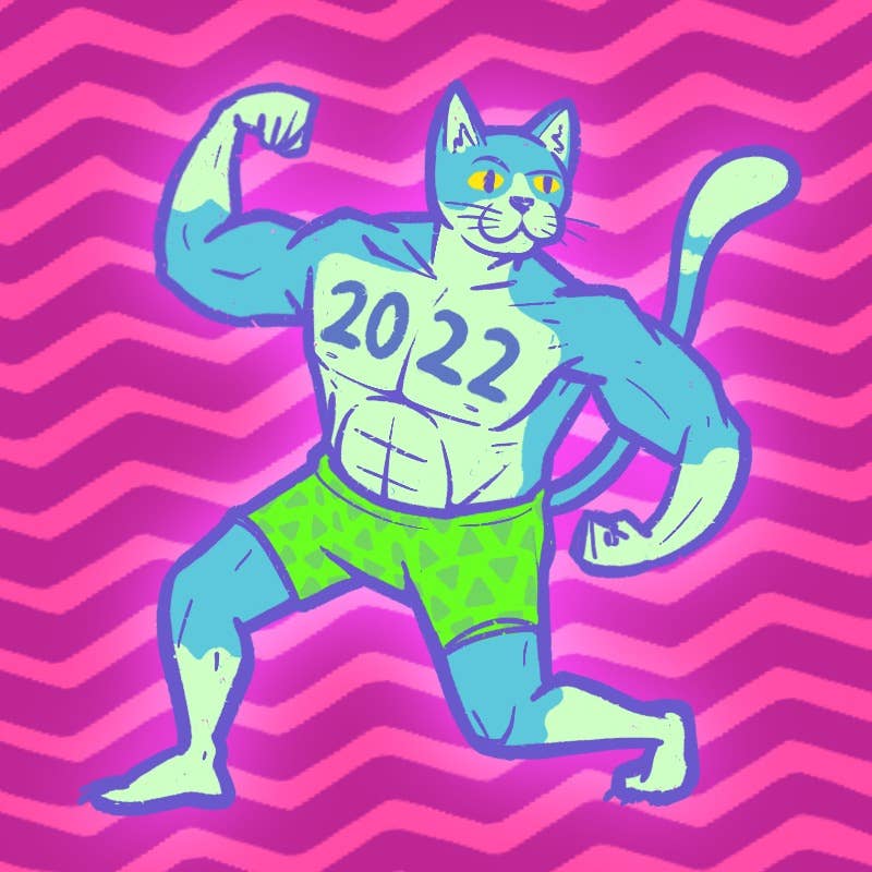 A body builder cat flexing with 2022 written across its pecs