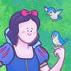 Snow White smiling serenely while looking at a bird that is perched on her hand