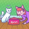 A cat looking startled to see a human dressed as a cat eating from its bowl, labelled "Karen"