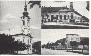 Sekitsdh postcard showing Evangelical Church and Town Hall (both no longer extant)
