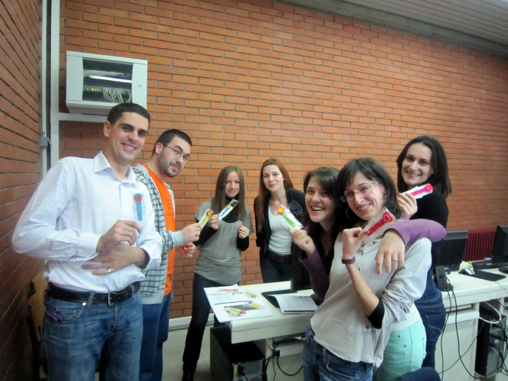 Josip, Dragan, Bojana, Elma, Indira, Sanja, and Neda showing off their new bookmarks (courtesy of Elma).